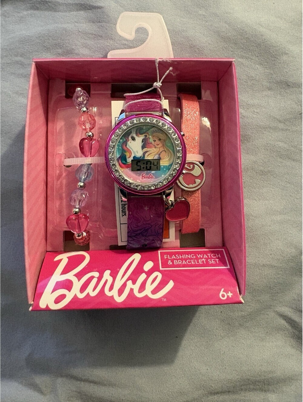 Barbie Flashing Digital Watch & Bracelet Set w/Sweet Pink Heart Charm NEW